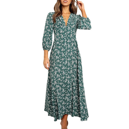 Elegant V Neck Floral Print Long Sleeve Womens Dress